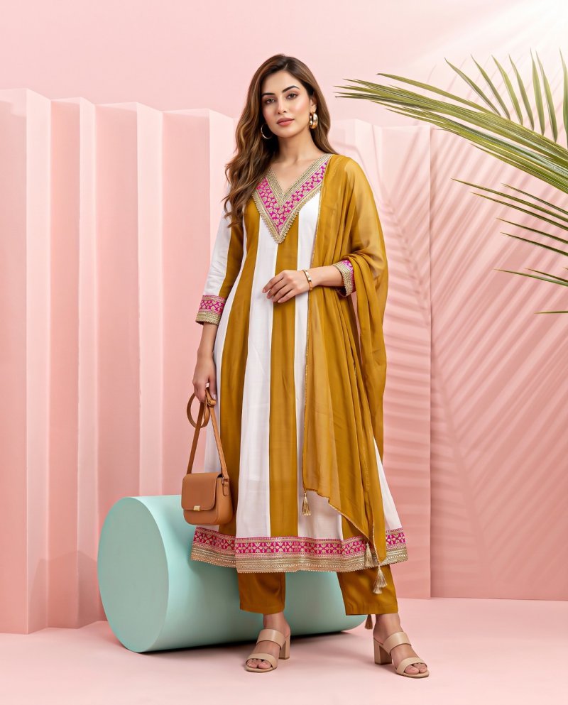 Ff Mul Chanderi With Embroidery Work Kurti With Bottom Dupatta